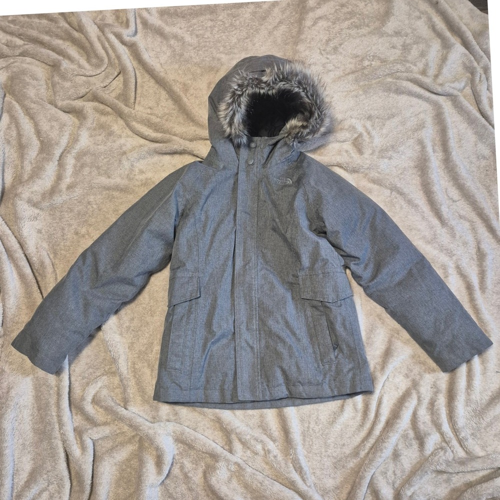 The North Face Girls Arctic Swirl Down Parka Grey Faux Fur Hood Size L 14/16